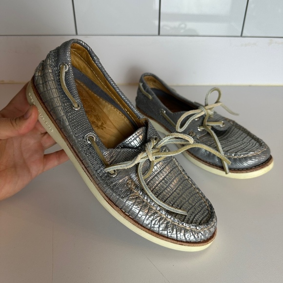 Sperry Silver‎ Metallic Top Sider Boat Shoe Women Size 5.5 - Picture 1 of 8